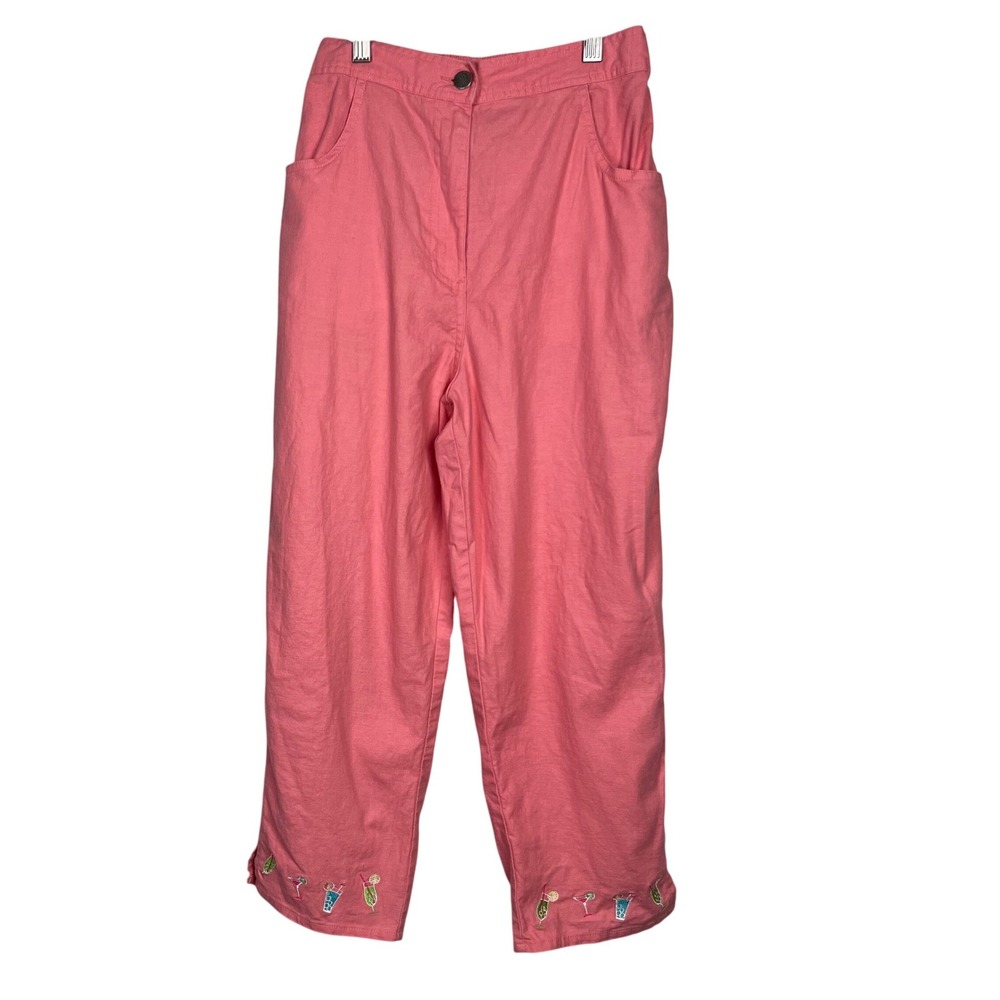 Quacker Factory Small Pink Linen-Blend Cropped Pants cocktails Embroidery Cuffs